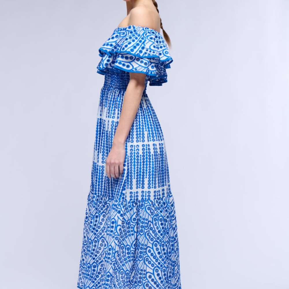 Akira, Gorgeous Blue And White, Eyelet, Embroidered Ruffled Maxi Dress, Size L - Picture 4 of 6